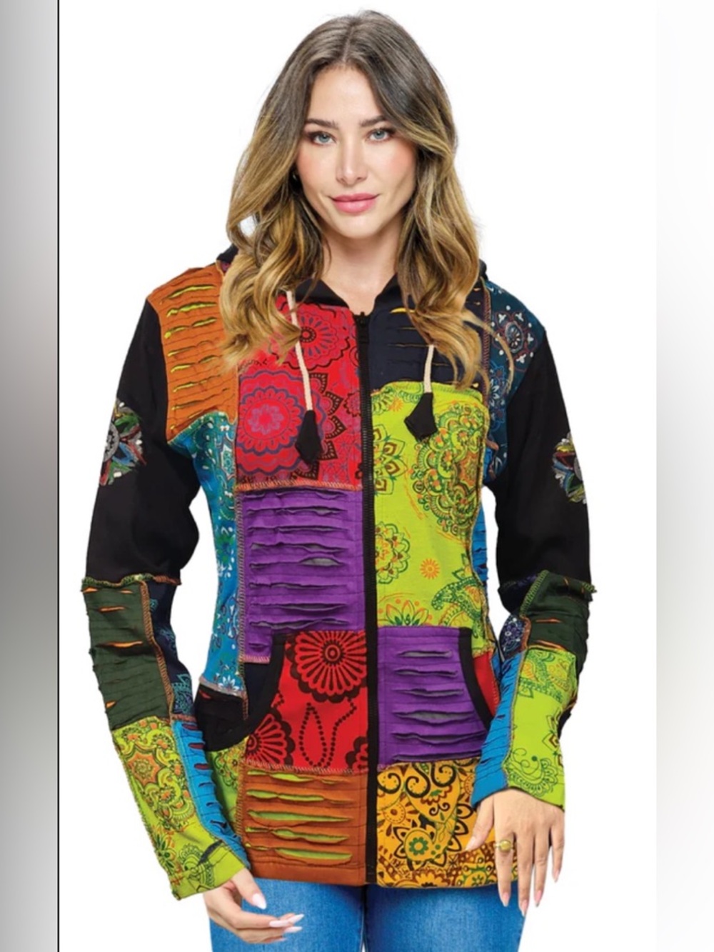 59 🏝️Zip-up Hoodie Patchwork Razer Cut Mandala Print
